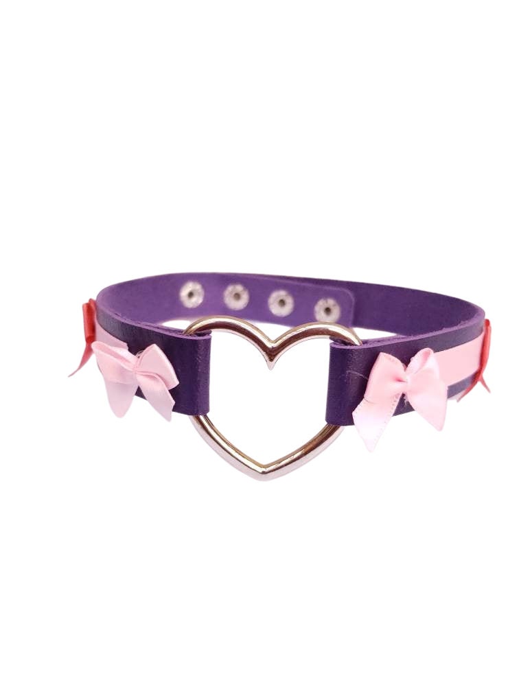 Purple Heart Choker with Bows, Adjustable Faux Leather Cat Collar