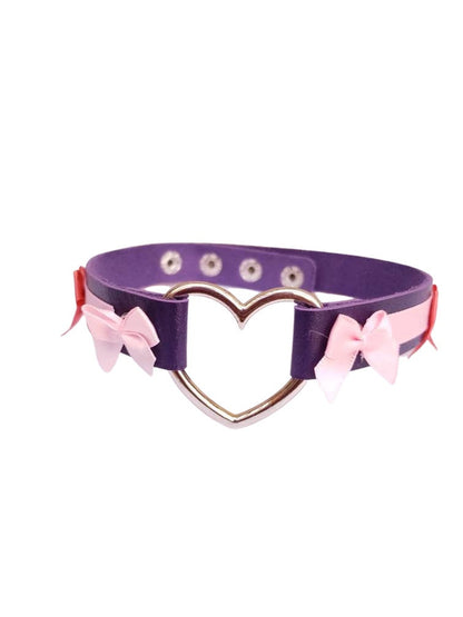 Purple Heart Choker with Bows, Adjustable Faux Leather Cat Collar
