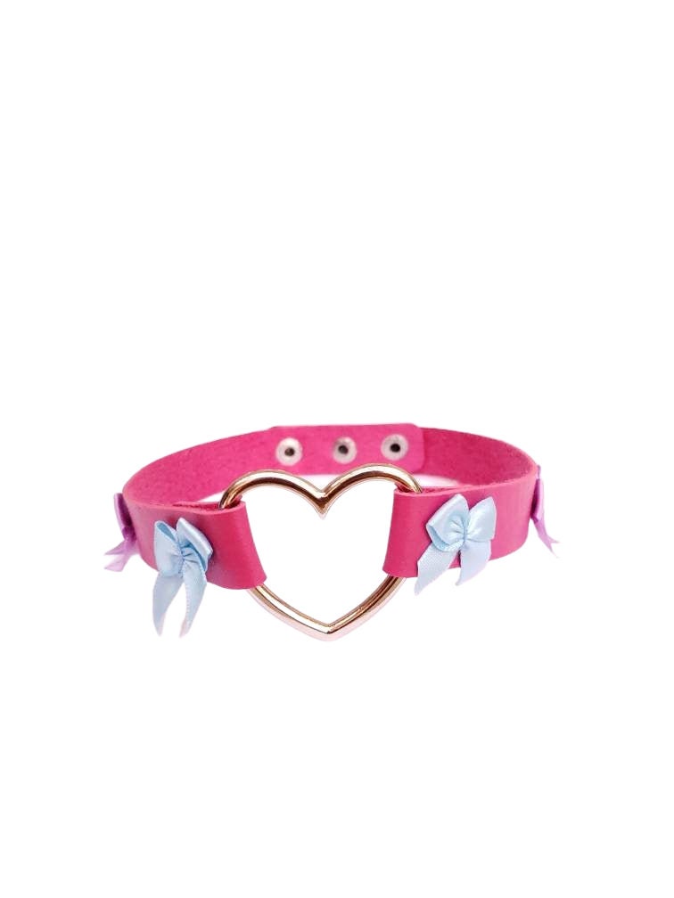 Pink Heart Choker with Bows, Adjustable Faux Leather Cat Collar | Vixen's Hidden Desires