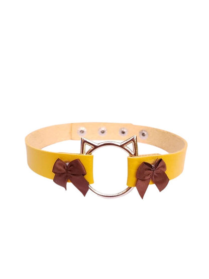 Yellow Cat Choker with Bows, Adjustable Faux Leather Cat Collar