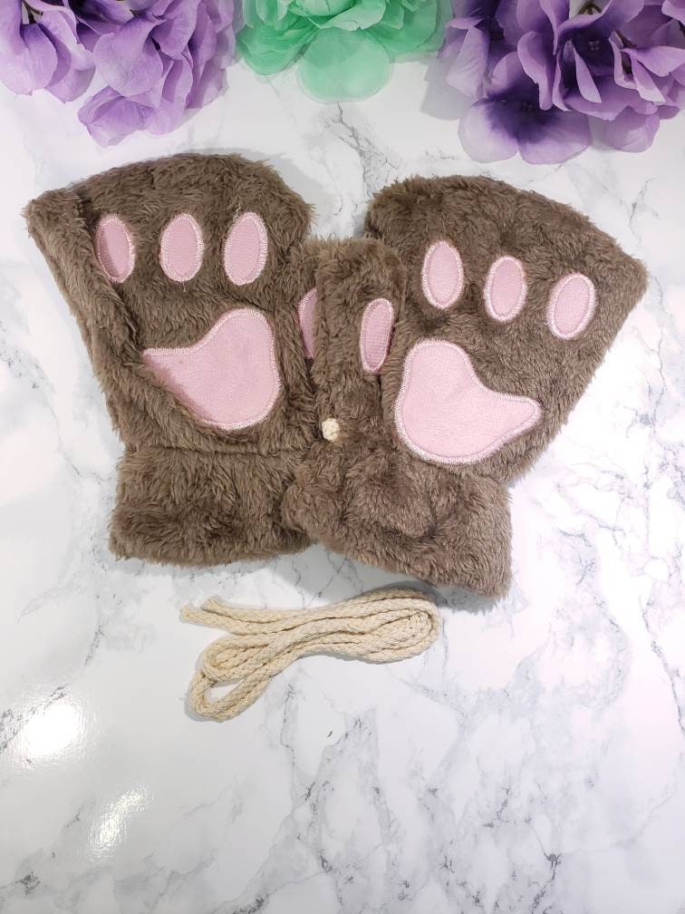 Light Brown Pet Play Fingerless Gloves, Animal Paws, Cosplay Paws