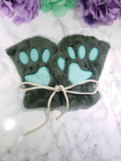 Green Pet Play Fingerless Gloves, Animal Paws, Cosplay Paws