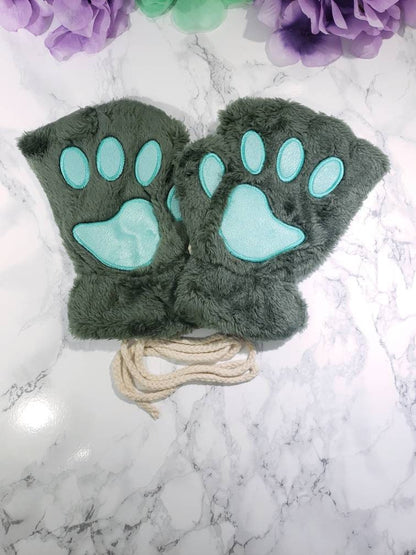 Green Pet Play Fingerless Gloves, Animal Paws, Cosplay Paws