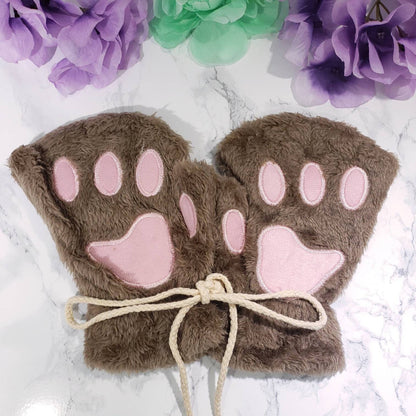 Light Brown Pet Play Fingerless Gloves, Animal Paws, Cosplay Paws