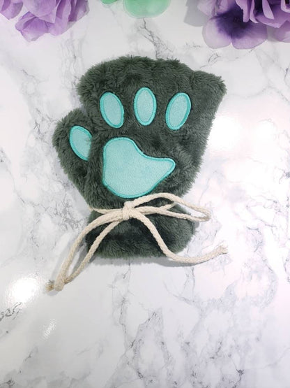 Green Pet Play Fingerless Gloves, Animal Paws, Cosplay Paws