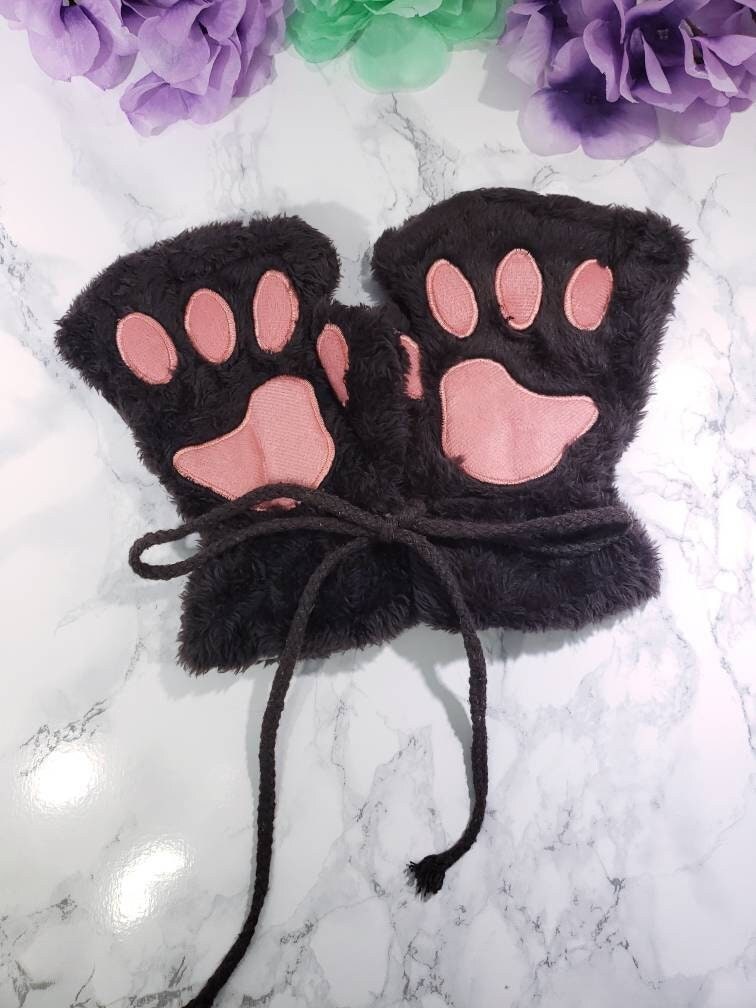 Dark Gray Pet Play Fingerless Gloves, Animal Paws, Cosplay Paws