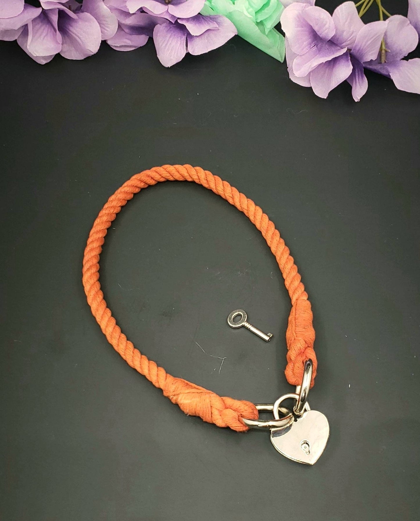 Orange Heart Locking Collar - BDSM Rope Choker - Submissive Cotton Collar | Novelty Choker Accessory for Roleplay