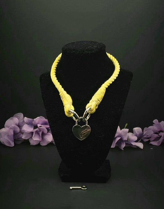 Yellow Heart Locking Collar - BDSM Rope Choker - Submissive Cotton Collar | Novelty Choker Accessory for Roleplay