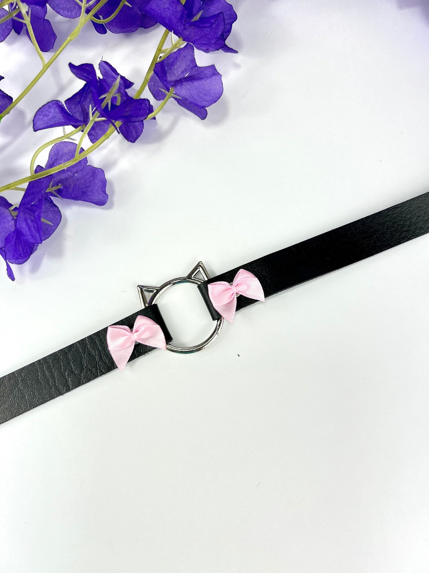Black Cat Choker with Bows, Adjustable Faux Leather Cat Collar