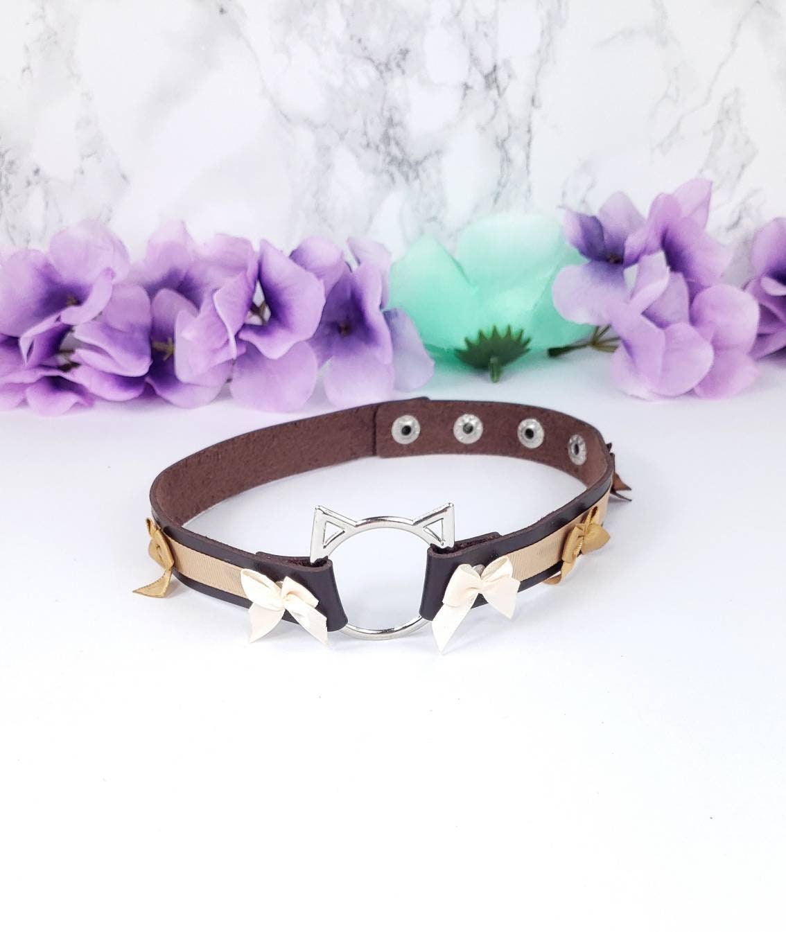 Brown Cat Choker with Bows, Adjustable Faux Leather Cat Collar