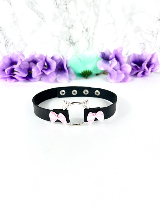 Black Cat Choker with Bows, Adjustable Faux Leather Cat Collar