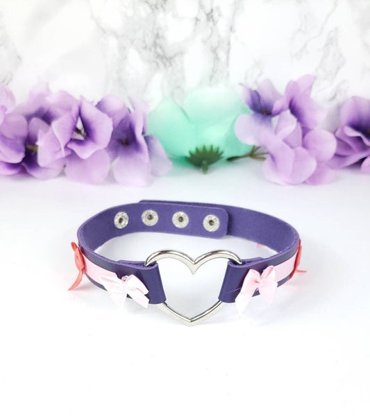 Purple Heart Choker with Bows, Adjustable Faux Leather Cat Collar