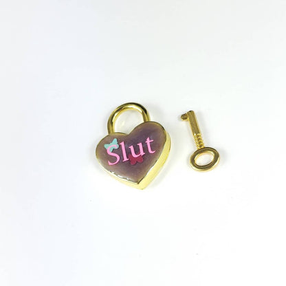 Slut Heart Pad Lock, Resin Aluminum Heart Lock, Gold Collar Closure Lock, DDLG Lock, Mature BDSM Lock