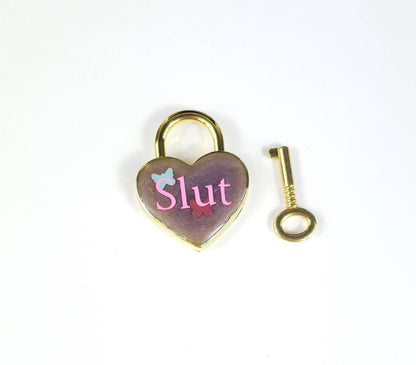 Slut Heart Pad Lock, Resin Aluminum Heart Lock, Gold Collar Closure Lock, DDLG Lock, Mature BDSM Lock