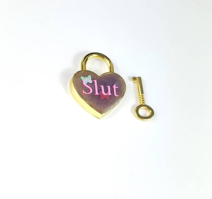 Slut Heart Pad Lock, Resin Aluminum Heart Lock, Gold Collar Closure Lock, DDLG Lock, Mature BDSM Lock