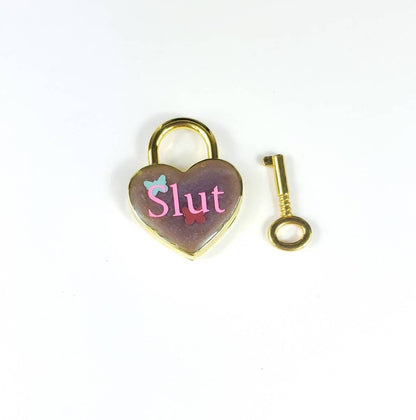 Slut Heart Pad Lock, Resin Aluminum Heart Lock, Gold Collar Closure Lock, DDLG Lock, Mature BDSM Lock