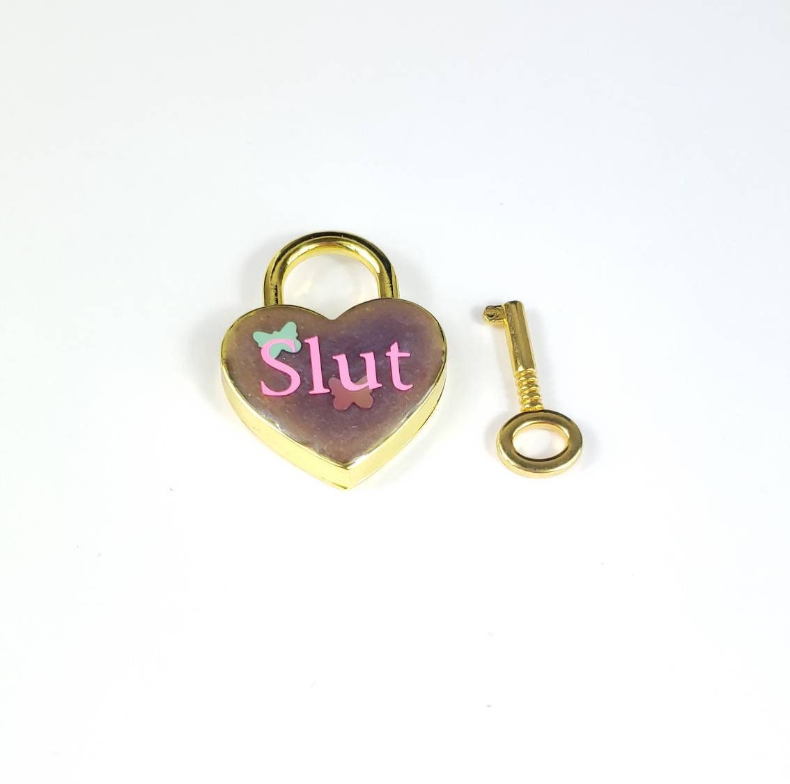 Slut Heart Pad Lock, Resin Aluminum Heart Lock, Gold Collar Closure Lock, DDLG Lock, Mature BDSM Lock