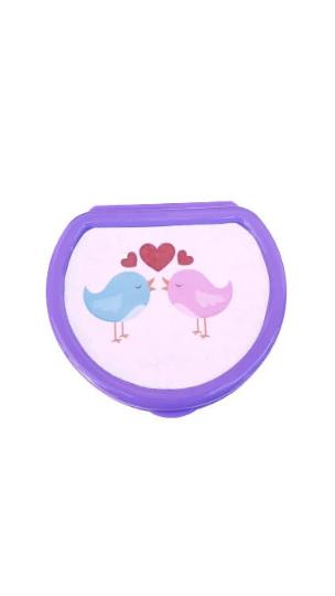 adult pacifier case featuring two birds kissing with hearts above them on the lid