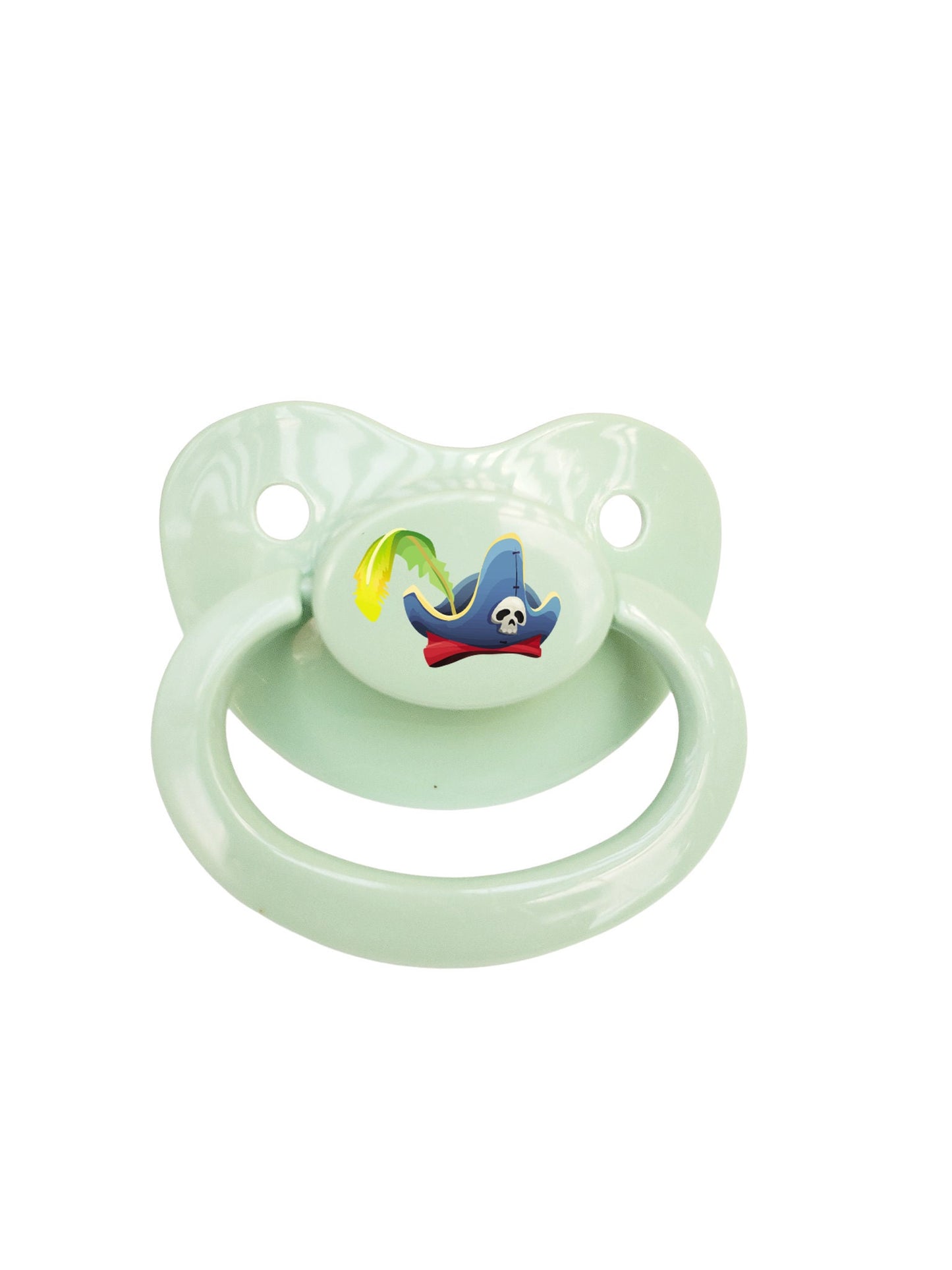 An adult pacifier featuring a playful design with a pirate hat in the center, adding a fun and adventurous touch.