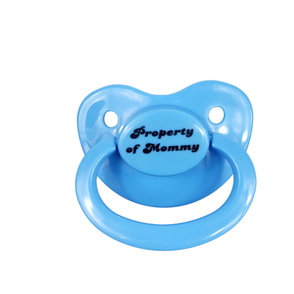 Baby blue adult pacifier with bold text saying "Property of Mommy" in the center, adding a playful and loving sentiment. 