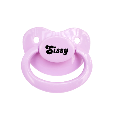 An adult pacifier with a pastel design featuring bold text in the center that reads "Sissy," offering a playful and expressive style.